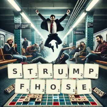 Kreative Illustration für ein Scrabble-Spiel, bei dem das Wort STRUMPFHOSE mit Steinen auf dem Brett gelegt wurde.