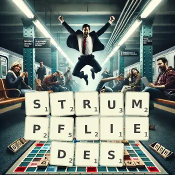 Kreative Illustration für ein Scrabble-Spiel, bei dem das Wort STRUMPFLIEDES mit Steinen auf dem Brett gelegt wurde.