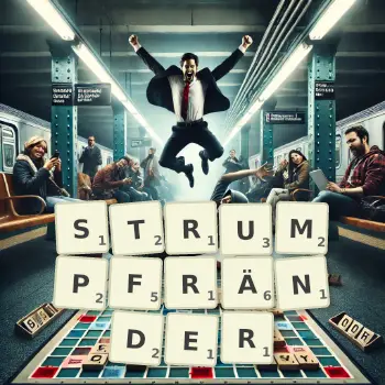 Kreative Illustration für ein Scrabble-Spiel, bei dem das Wort STRUMPFRÄNDER mit Steinen auf dem Brett gelegt wurde.