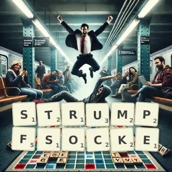 Kreative Illustration für ein Scrabble-Spiel, bei dem das Wort STRUMPFSOCKE mit Steinen auf dem Brett gelegt wurde.