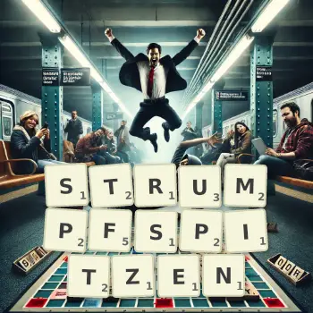Kreative Illustration für ein Scrabble-Spiel, bei dem das Wort STRUMPFSPITZEN mit Steinen auf dem Brett gelegt wurde.