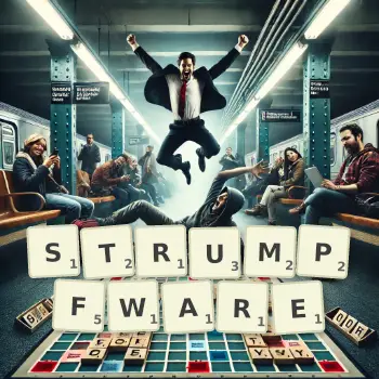 Kreative Illustration für ein Scrabble-Spiel, bei dem das Wort STRUMPFWARE mit Steinen auf dem Brett gelegt wurde.