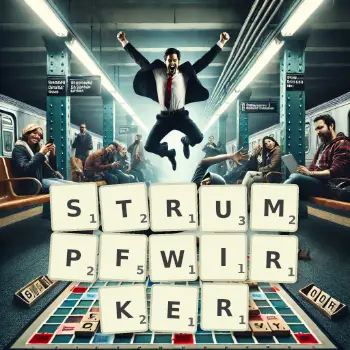 Kreative Illustration für ein Scrabble-Spiel, bei dem das Wort STRUMPFWIRKER mit Steinen auf dem Brett gelegt wurde.