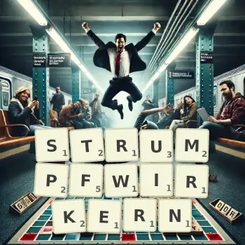Kreative Illustration für ein Scrabble-Spiel, bei dem das Wort STRUMPFWIRKERN mit Steinen auf dem Brett gelegt wurde.