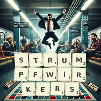 Kreative Illustration für ein Scrabble-Spiel, bei dem das Wort STRUMPFWIRKERS mit Steinen auf dem Brett gelegt wurde.