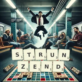 Kreative Illustration für ein Scrabble-Spiel, bei dem das Wort STRUNZEND mit Steinen auf dem Brett gelegt wurde.