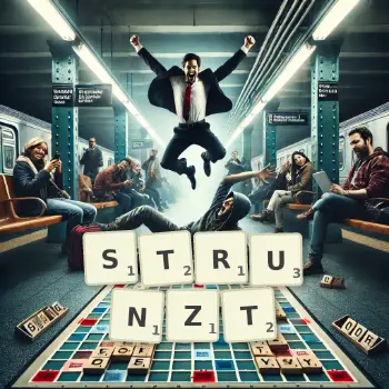 Kreative Illustration für ein Scrabble-Spiel, bei dem das Wort STRUNZT mit Steinen auf dem Brett gelegt wurde.
