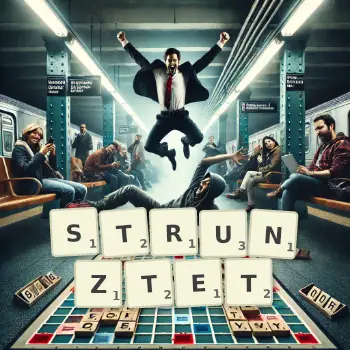 Kreative Illustration für ein Scrabble-Spiel, bei dem das Wort STRUNZTET mit Steinen auf dem Brett gelegt wurde.