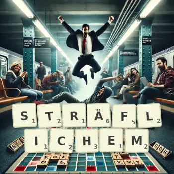 Kreative Illustration für ein Scrabble-Spiel, bei dem das Wort STRÄFLICHEM mit Steinen auf dem Brett gelegt wurde.