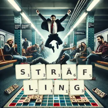 Kreative Illustration für ein Scrabble-Spiel, bei dem das Wort STRÄFLING mit Steinen auf dem Brett gelegt wurde.