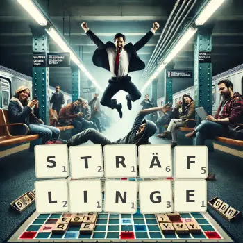 Kreative Illustration für ein Scrabble-Spiel, bei dem das Wort STRÄFLINGE mit Steinen auf dem Brett gelegt wurde.