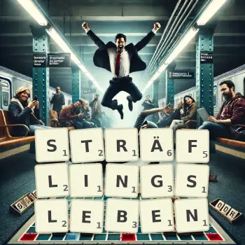 Kreative Illustration für ein Scrabble-Spiel, bei dem das Wort STRÄFLINGSLEBEN mit Steinen auf dem Brett gelegt wurde.