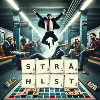 Kreative Illustration für ein Scrabble-Spiel, bei dem das Wort STRÄHLST mit Steinen auf dem Brett gelegt wurde.