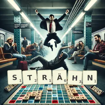 Kreative Illustration für ein Scrabble-Spiel, bei dem das Wort STRÄHN mit Steinen auf dem Brett gelegt wurde.