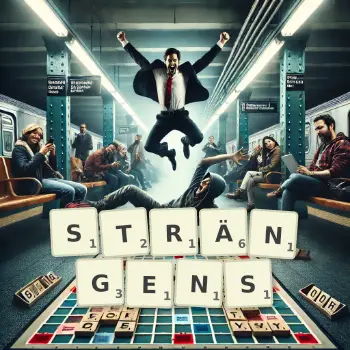 Kreative Illustration für ein Scrabble-Spiel, bei dem das Wort STRÄNGENS mit Steinen auf dem Brett gelegt wurde.