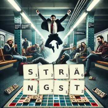 Kreative Illustration für ein Scrabble-Spiel, bei dem das Wort STRÄNGST mit Steinen auf dem Brett gelegt wurde.