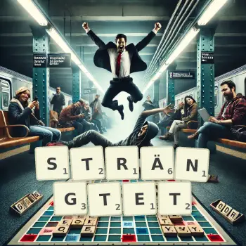 Kreative Illustration für ein Scrabble-Spiel, bei dem das Wort STRÄNGTET mit Steinen auf dem Brett gelegt wurde.