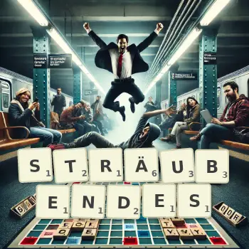 Kreative Illustration für ein Scrabble-Spiel, bei dem das Wort STRÄUBENDES mit Steinen auf dem Brett gelegt wurde.