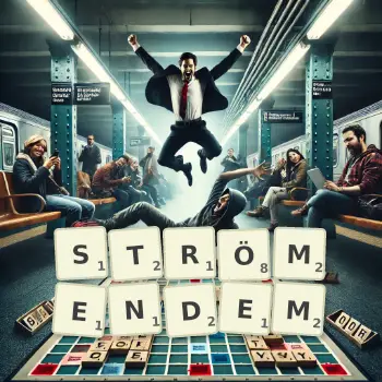 Kreative Illustration für ein Scrabble-Spiel, bei dem das Wort STRÖMENDEM mit Steinen auf dem Brett gelegt wurde.
