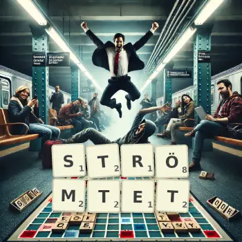 Kreative Illustration für ein Scrabble-Spiel, bei dem das Wort STRÖMTET mit Steinen auf dem Brett gelegt wurde.