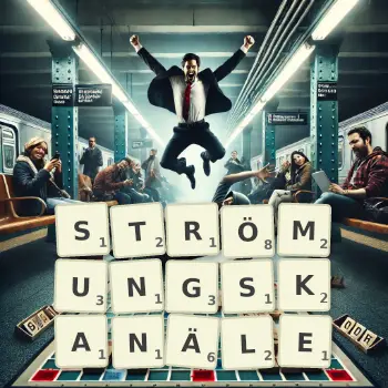 Kreative Illustration für ein Scrabble-Spiel, bei dem das Wort STRÖMUNGSKANÄLE mit Steinen auf dem Brett gelegt wurde.