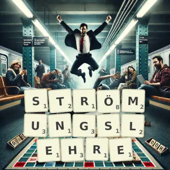 Kreative Illustration für ein Scrabble-Spiel, bei dem das Wort STRÖMUNGSLEHRE mit Steinen auf dem Brett gelegt wurde.