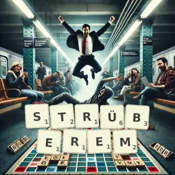 Kreative Illustration für ein Scrabble-Spiel, bei dem das Wort STRÜBEREM mit Steinen auf dem Brett gelegt wurde.