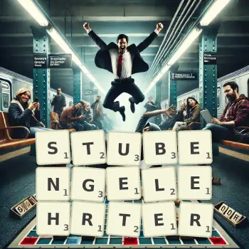 Kreative Illustration für ein Scrabble-Spiel, bei dem das Wort STUBENGELEHRTER mit Steinen auf dem Brett gelegt wurde.