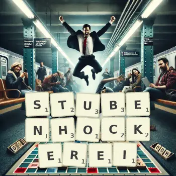 Kreative Illustration für ein Scrabble-Spiel, bei dem das Wort STUBENHOCKEREI mit Steinen auf dem Brett gelegt wurde.
