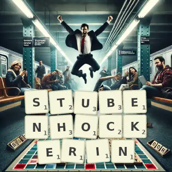 Kreative Illustration für ein Scrabble-Spiel, bei dem das Wort STUBENHOCKERIN mit Steinen auf dem Brett gelegt wurde.