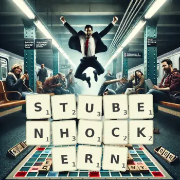 Kreative Illustration für ein Scrabble-Spiel, bei dem das Wort STUBENHOCKERN mit Steinen auf dem Brett gelegt wurde.