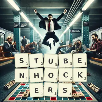 Kreative Illustration für ein Scrabble-Spiel, bei dem das Wort STUBENHOCKERS mit Steinen auf dem Brett gelegt wurde.