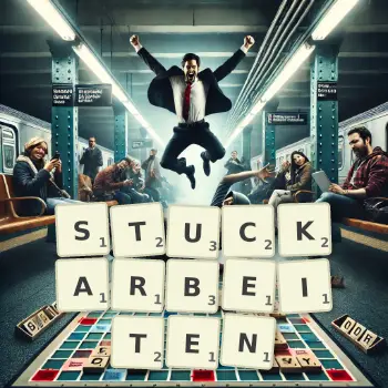 Kreative Illustration für ein Scrabble-Spiel, bei dem das Wort STUCKARBEITEN mit Steinen auf dem Brett gelegt wurde.