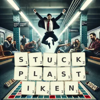 Kreative Illustration für ein Scrabble-Spiel, bei dem das Wort STUCKPLASTIKEN mit Steinen auf dem Brett gelegt wurde.