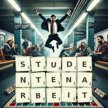 Kreative Illustration für ein Scrabble-Spiel, bei dem das Wort STUDENTENARBEIT mit Steinen auf dem Brett gelegt wurde.