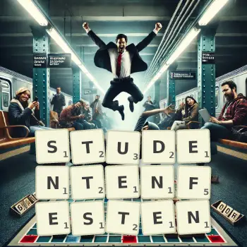 Kreative Illustration für ein Scrabble-Spiel, bei dem das Wort STUDENTENFESTEN mit Steinen auf dem Brett gelegt wurde.