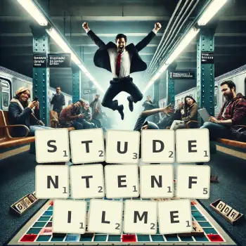 Kreative Illustration für ein Scrabble-Spiel, bei dem das Wort STUDENTENFILME mit Steinen auf dem Brett gelegt wurde.