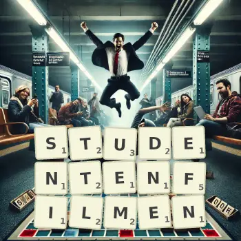 Kreative Illustration für ein Scrabble-Spiel, bei dem das Wort STUDENTENFILMEN mit Steinen auf dem Brett gelegt wurde.