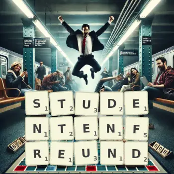 Kreative Illustration für ein Scrabble-Spiel, bei dem das Wort STUDENTENFREUND mit Steinen auf dem Brett gelegt wurde.
