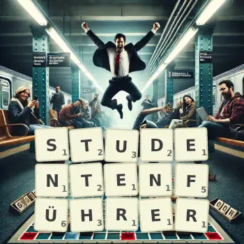 Kreative Illustration für ein Scrabble-Spiel, bei dem das Wort STUDENTENFÜHRER mit Steinen auf dem Brett gelegt wurde.