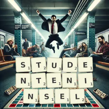 Kreative Illustration für ein Scrabble-Spiel, bei dem das Wort STUDENTENINSEL mit Steinen auf dem Brett gelegt wurde.