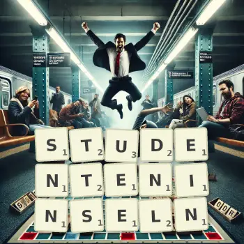Kreative Illustration für ein Scrabble-Spiel, bei dem das Wort STUDENTENINSELN mit Steinen auf dem Brett gelegt wurde.