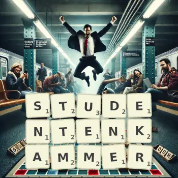 Kreative Illustration für ein Scrabble-Spiel, bei dem das Wort STUDENTENKAMMER mit Steinen auf dem Brett gelegt wurde.