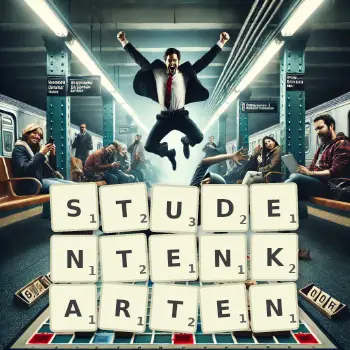Kreative Illustration für ein Scrabble-Spiel, bei dem das Wort STUDENTENKARTEN mit Steinen auf dem Brett gelegt wurde.