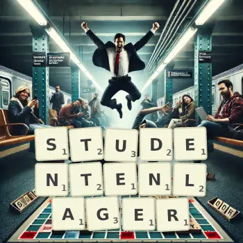 Kreative Illustration für ein Scrabble-Spiel, bei dem das Wort STUDENTENLAGER mit Steinen auf dem Brett gelegt wurde.