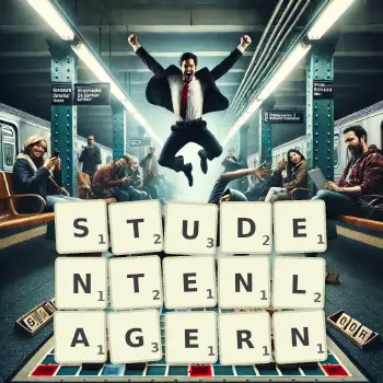 Kreative Illustration für ein Scrabble-Spiel, bei dem das Wort STUDENTENLAGERN mit Steinen auf dem Brett gelegt wurde.