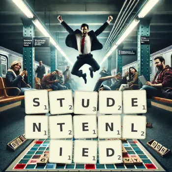 Kreative Illustration für ein Scrabble-Spiel, bei dem das Wort STUDENTENLIED mit Steinen auf dem Brett gelegt wurde.