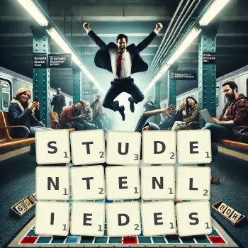 Kreative Illustration für ein Scrabble-Spiel, bei dem das Wort STUDENTENLIEDES mit Steinen auf dem Brett gelegt wurde.
