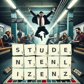 Kreative Illustration für ein Scrabble-Spiel, bei dem das Wort STUDENTENLIZENZ mit Steinen auf dem Brett gelegt wurde.