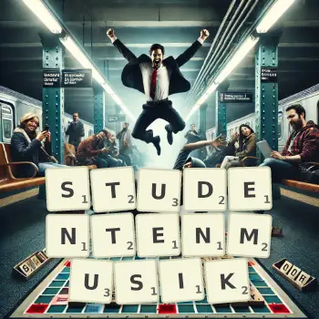 Kreative Illustration für ein Scrabble-Spiel, bei dem das Wort STUDENTENMUSIK mit Steinen auf dem Brett gelegt wurde.